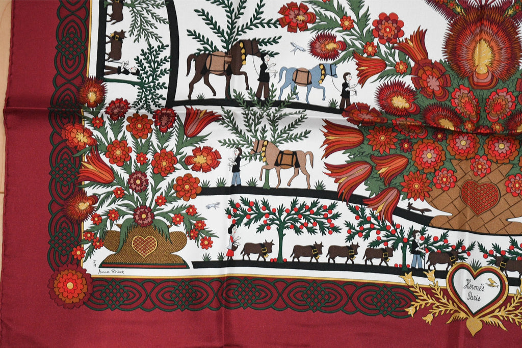 Hermes Scarf Decoupage Silk 90 cm Wine red Carre Carre Christmas snow cutouts 0217