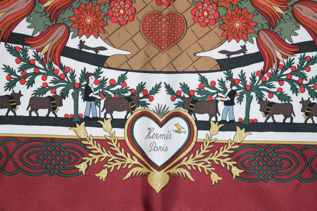 Hermes Scarf Decoupages 90 cm silk Wine red Carre christmas snow cutout 35"