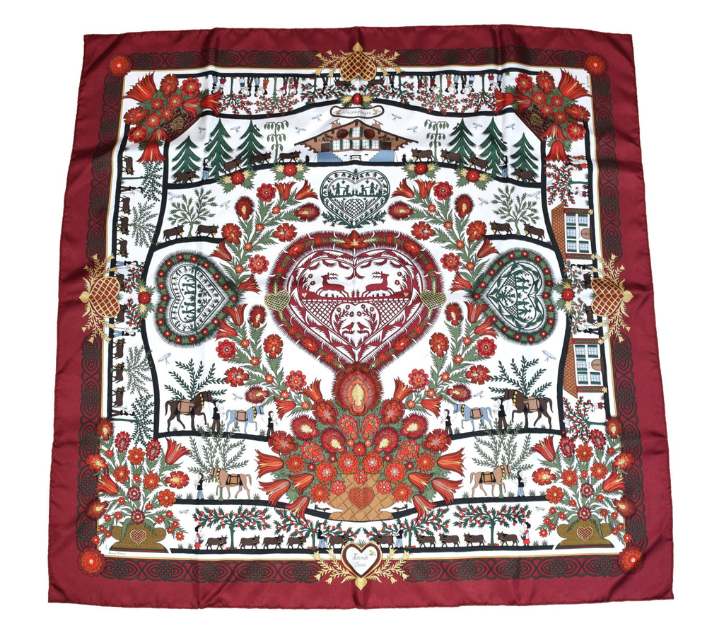 Hermes Scarf Decoupages 90 cm silk Wine red Carre christmas snow cutout 35"