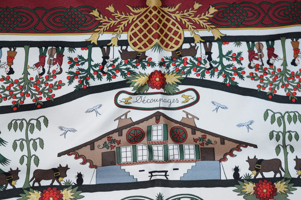 Hermes Scarf Decoupages 90 cm silk Wine red Carre christmas snow cutout 35"