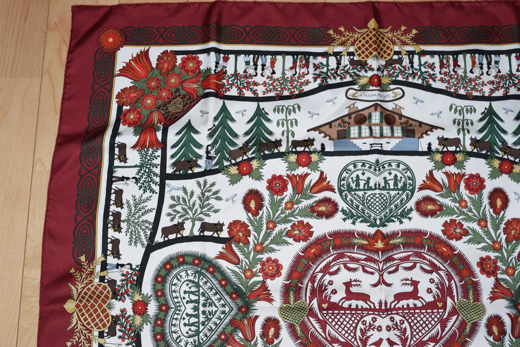 Hermes Scarf Decoupages 90 cm silk Wine red Carre christmas snow cutout 35"
