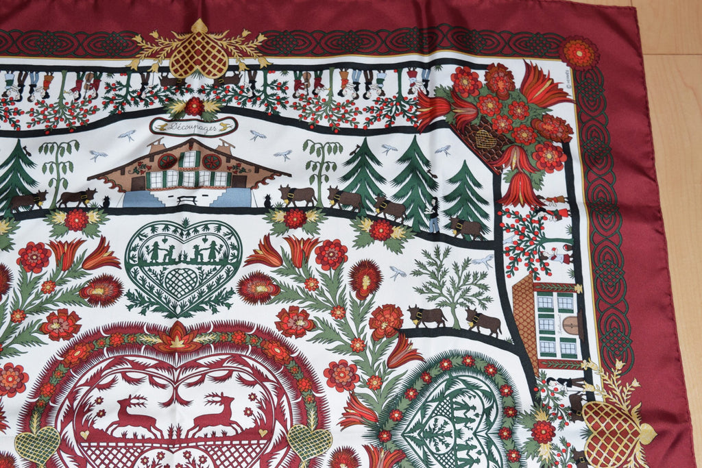 Hermes Scarf Decoupages 90 cm silk Wine red Carre christmas snow cutout 35"