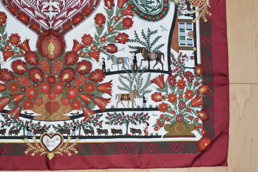 Hermes Scarf Decoupages 90 cm silk Wine red Carre christmas snow cutout 35"