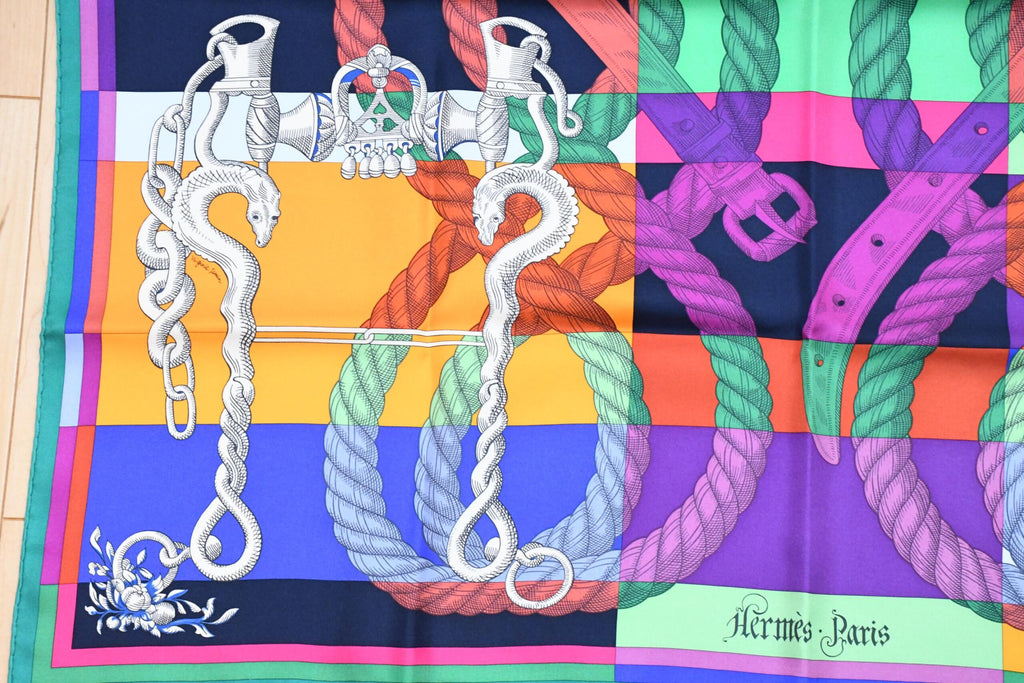 Hermes Scarf Della Cavalleria 90 cm silk purple orange Carre horse bit harness