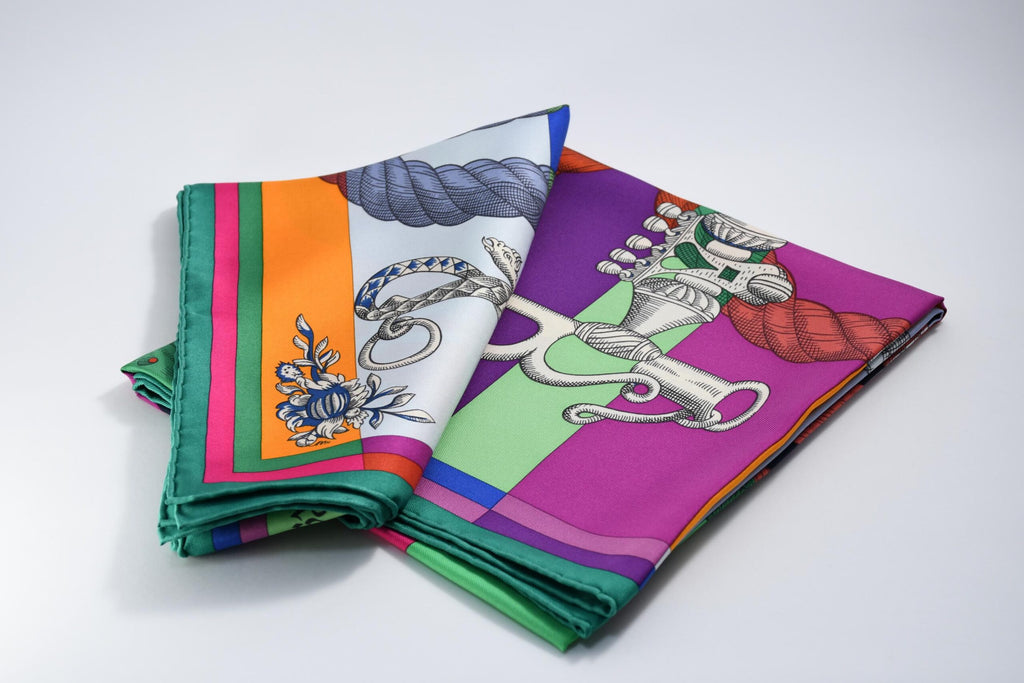 Hermes Scarf Della Cavalleria 90 cm silk purple orange Carre horse bit harness