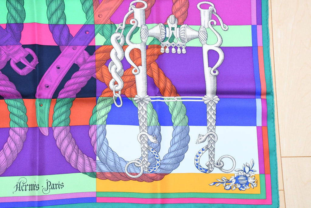 Hermes Scarf Della Cavalleria 90 cm silk purple orange Carre horse bit harness