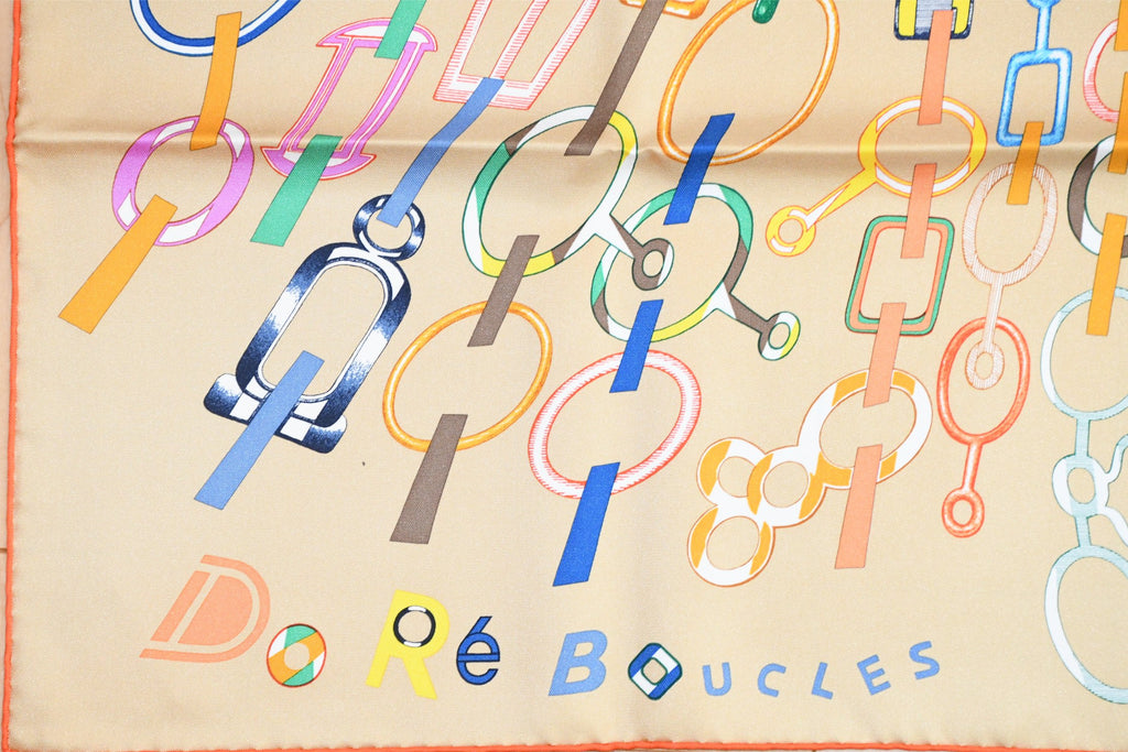 Hermes Scarf Do Re Boucles 90 cm silk beige orange Carre buckle chain 35"
