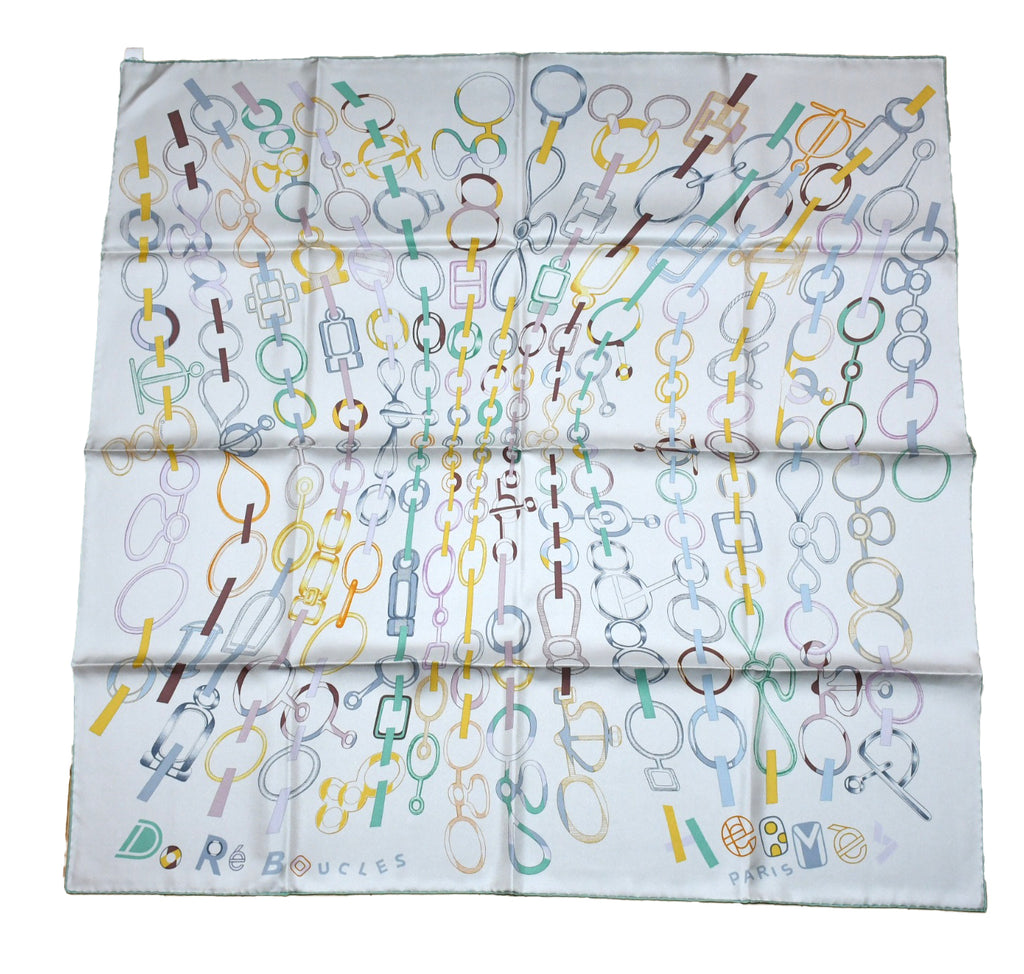 Hermes Scarf Do Re Boucles 90 cm silk gray Carre buckle chain 35"