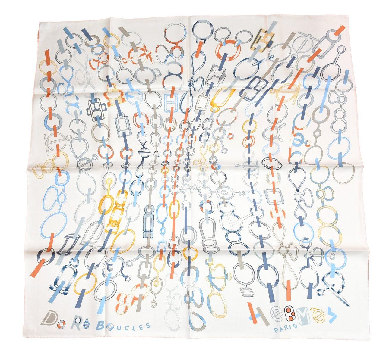 Hermes Scarf Do Re Boucles 90 cm silk white Carre buckle chain 35"