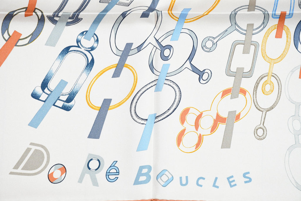 Hermes Scarf Do Re Boucles 90 cm silk white Carre buckle chain 35"