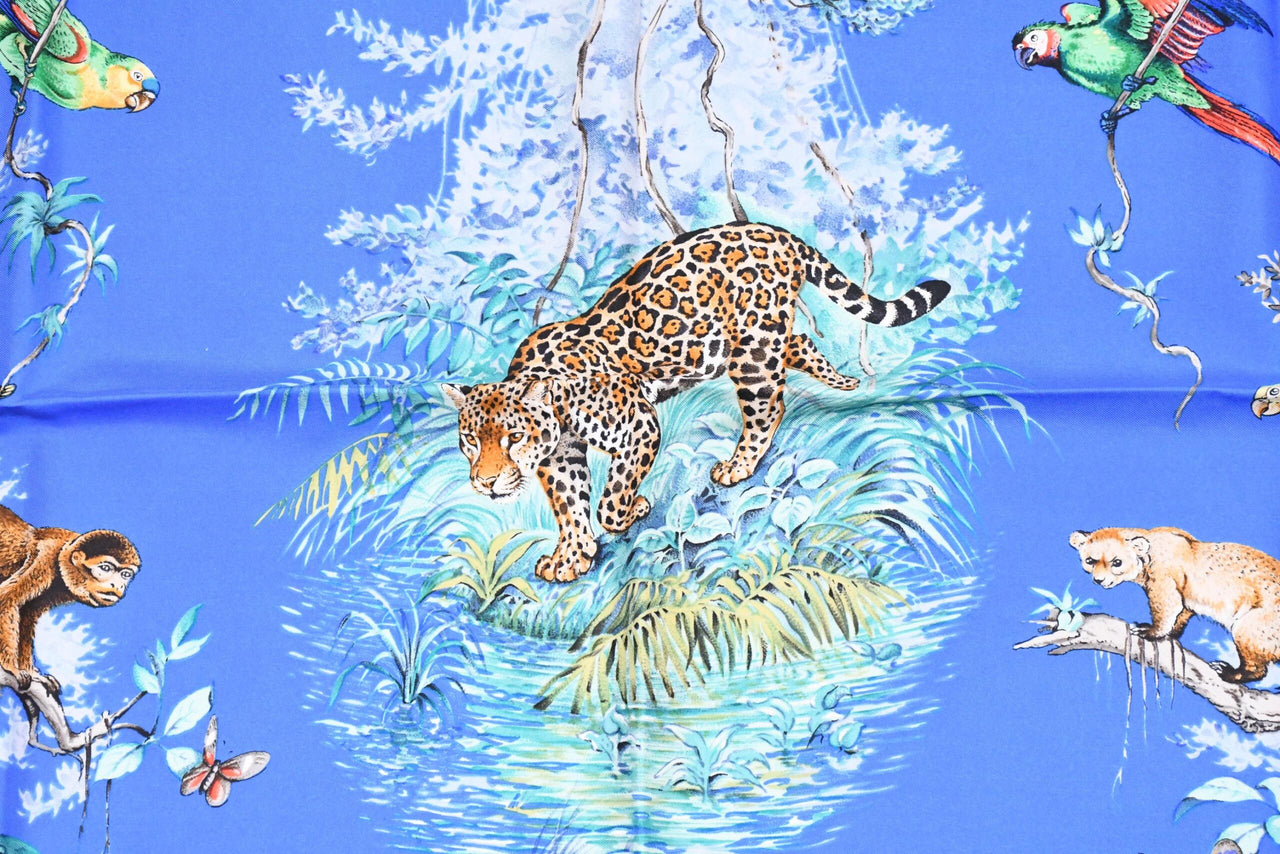 Hermes Scarf EQUATEUR 90 cm silk blue Carre panther jaguar cheetah 35"