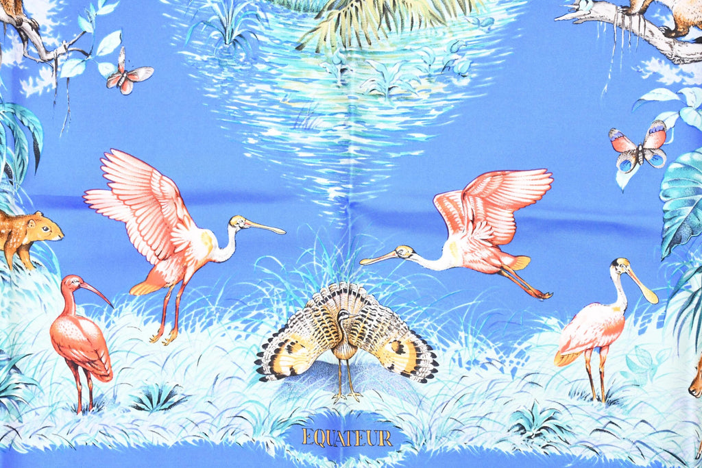 Hermes Scarf EQUATEUR 90 cm silk blue Carre panther jaguar cheetah 35"