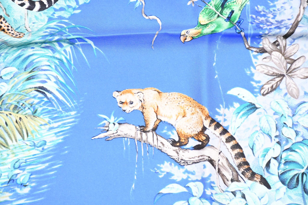 Hermes Scarf EQUATEUR 90 cm silk blue Carre panther jaguar cheetah 35"