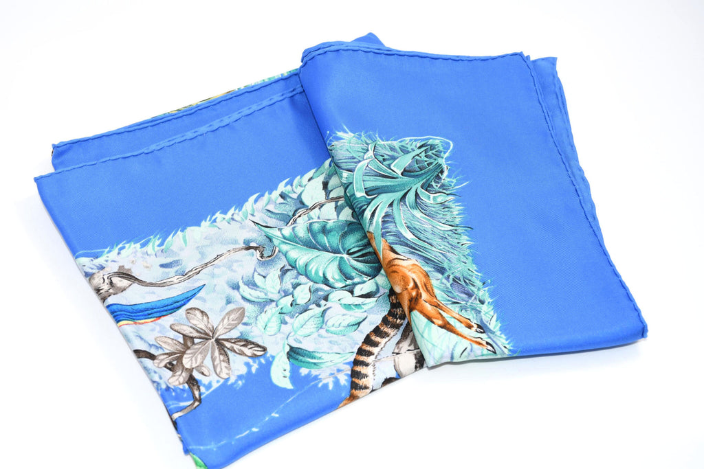 Hermes Scarf EQUATEUR 90 cm silk blue Carre panther jaguar cheetah 35"