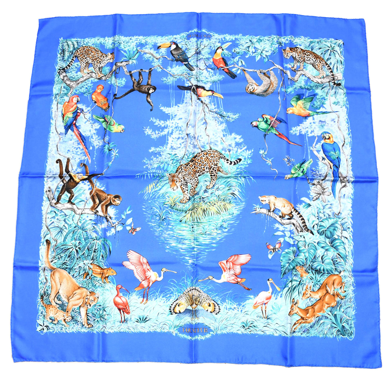 Hermes Scarf EQUATEUR 90 cm silk blue Carre panther jaguar cheetah 35"