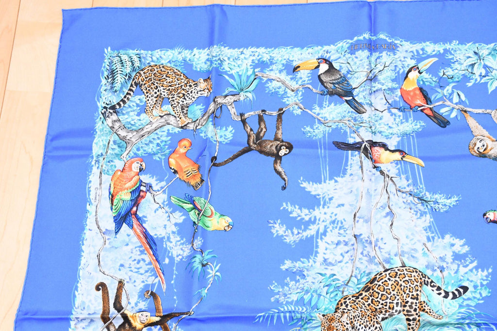 Hermes Scarf EQUATEUR 90 cm silk blue Carre panther jaguar cheetah 35"