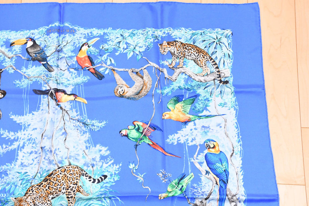 Hermes Scarf EQUATEUR 90 cm silk blue Carre panther jaguar cheetah 35"