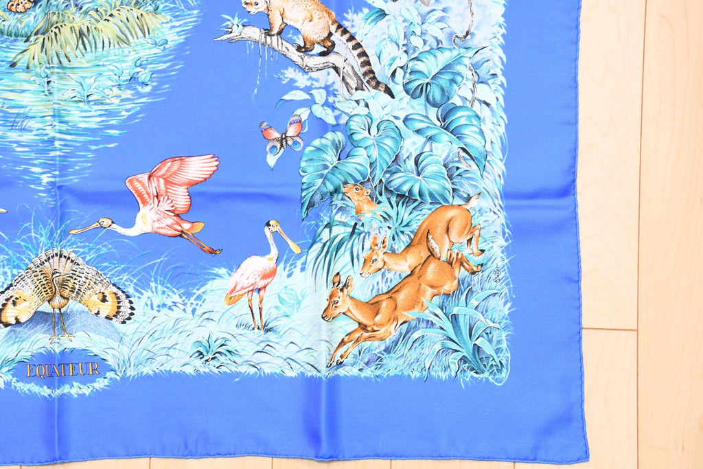 Hermes Scarf EQUATEUR 90 cm silk blue Carre panther jaguar cheetah 35"