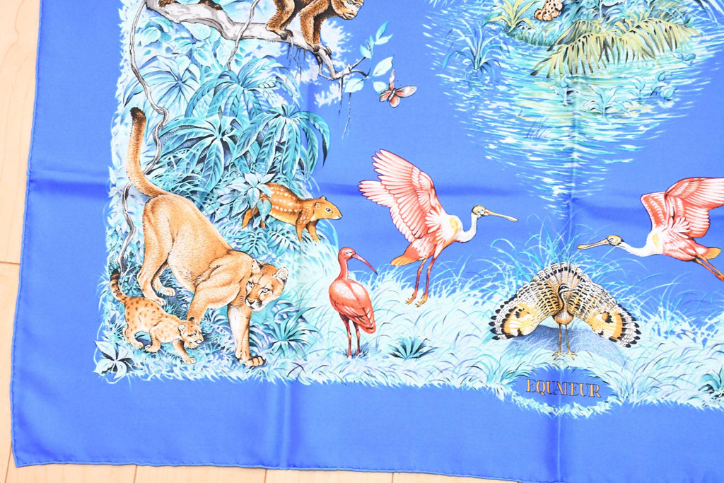 Hermes Scarf EQUATEUR 90 cm silk blue Carre panther jaguar cheetah 35"