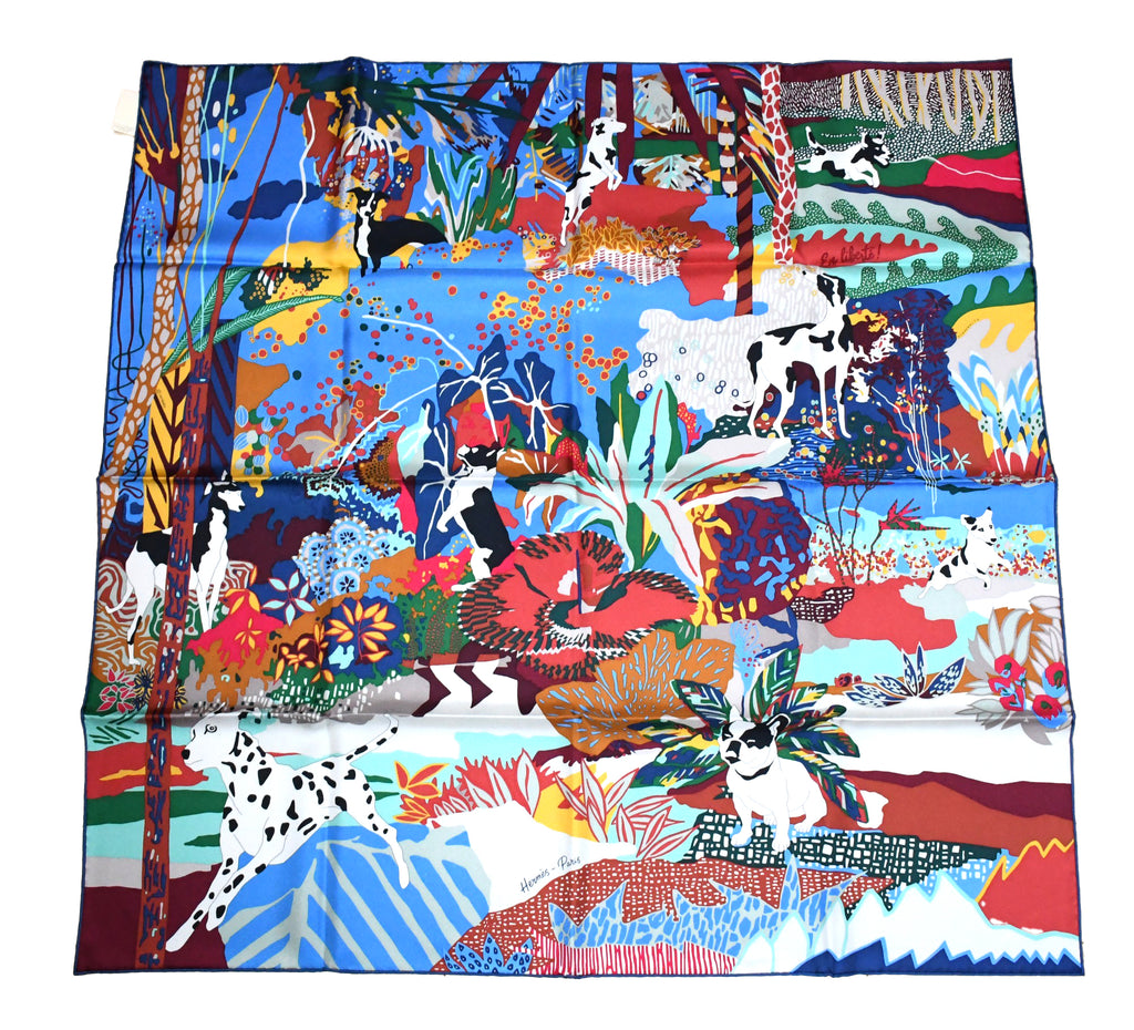Hermes Scarf En Liberte 90 cm silk blue Carre dog wild nature 35"