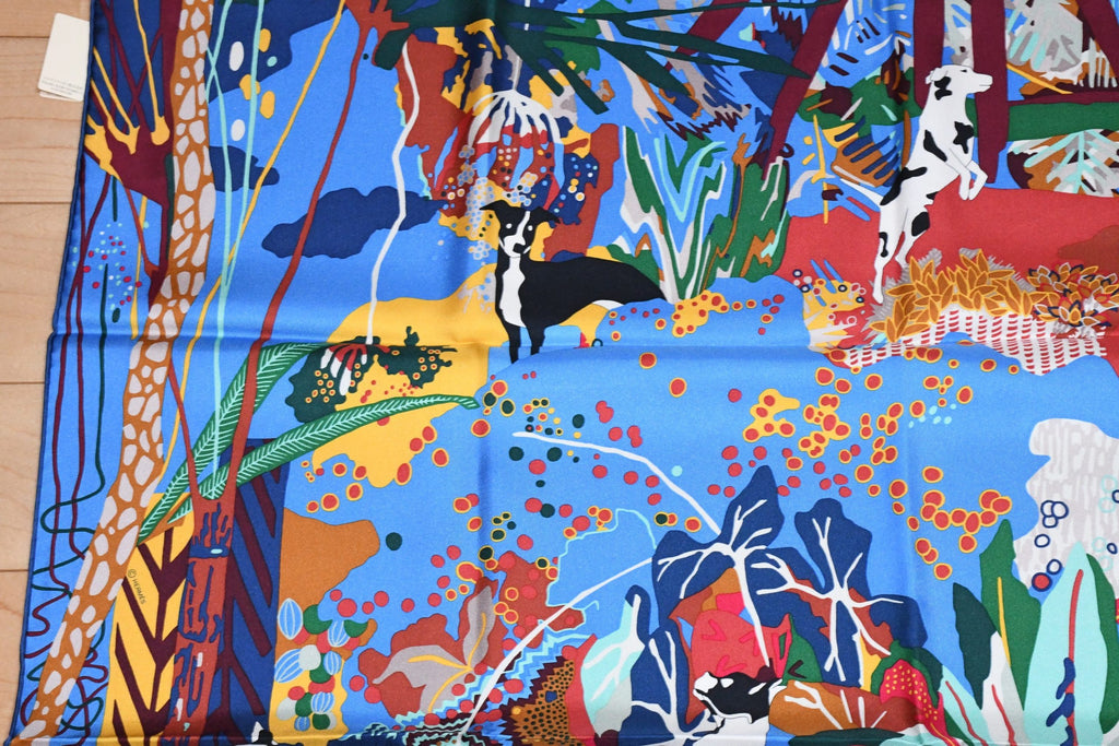 Hermes Scarf En Liberte 90 cm silk blue Carre dog wild nature 35"