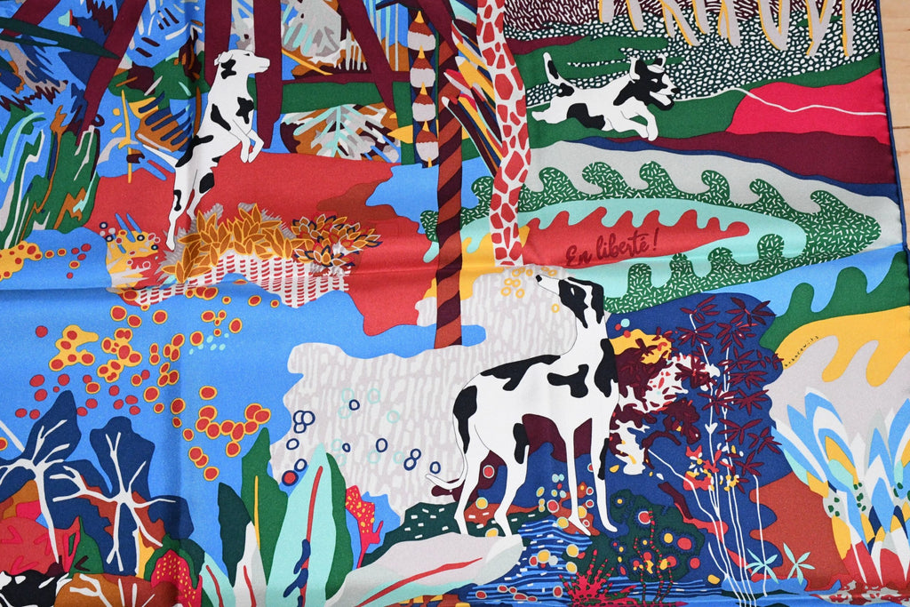 Hermes Scarf En Liberte 90 cm silk blue Carre dog wild nature 35"