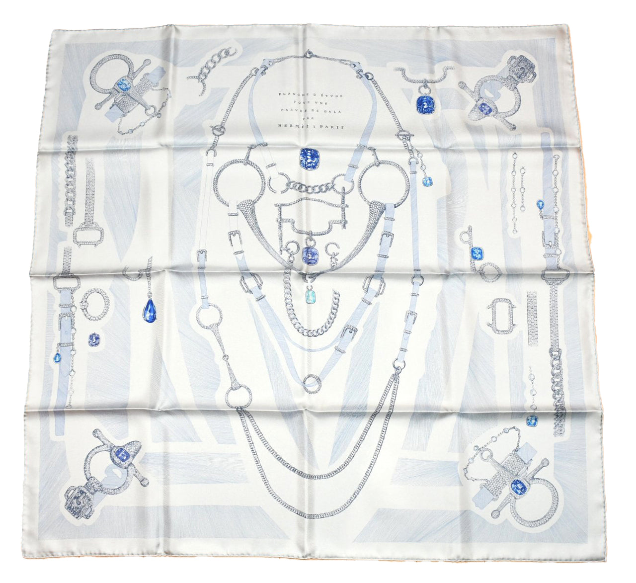 Hermes Scarf Etude pour une Parure de Gala 90 cm silk light blue Carre jewelry
