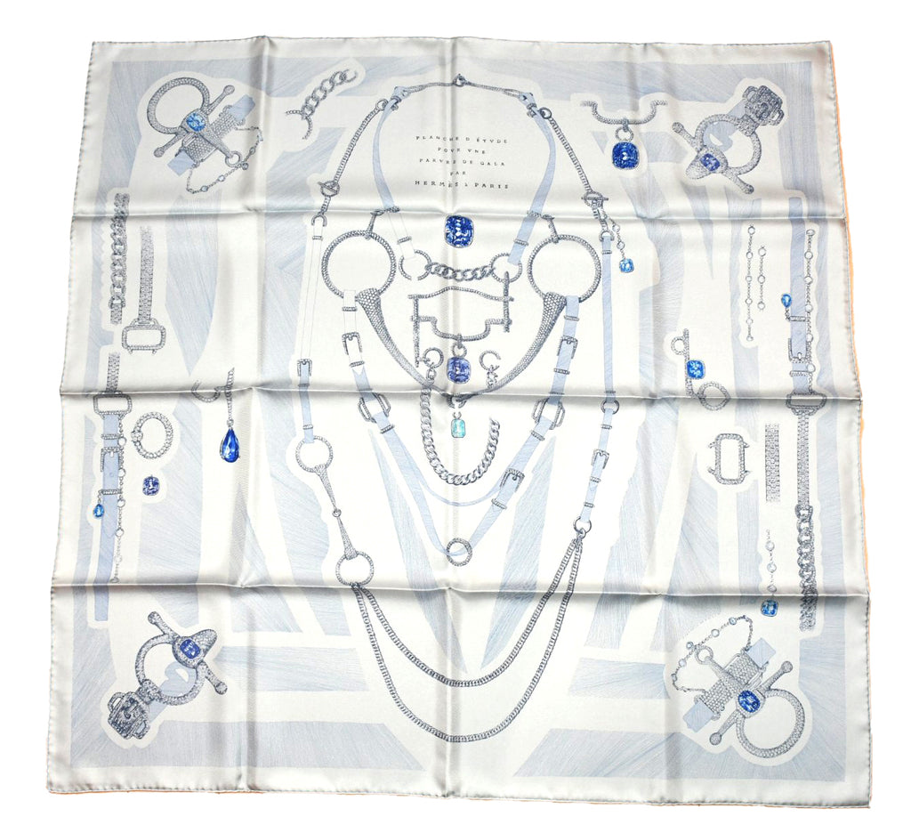Hermes Scarf Etude pour une Parure de Gala 90 cm silk light blue Carre jewelry