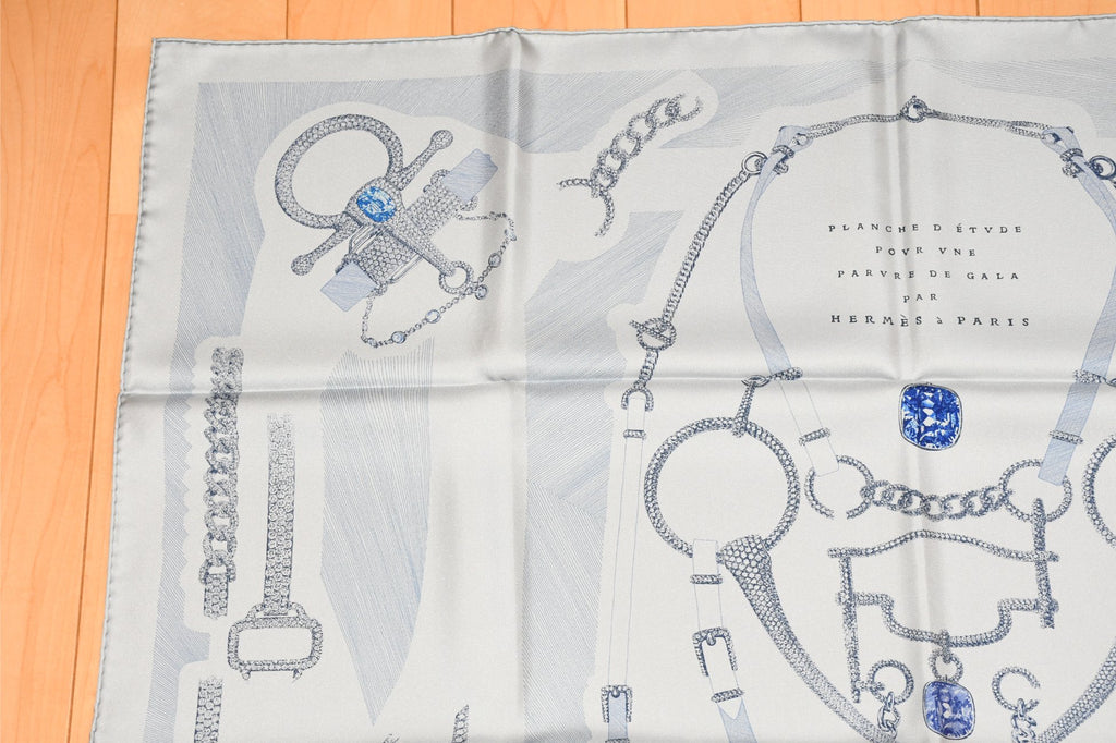 Hermes Scarf Etude pour une Parure de Gala 90 cm silk light blue Carre jewelry