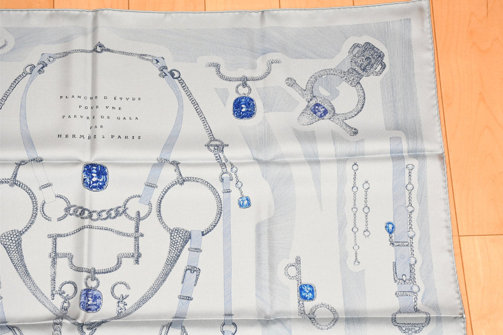 Hermes Scarf Etude pour une Parure de Gala 90 cm silk light blue Carre jewelry