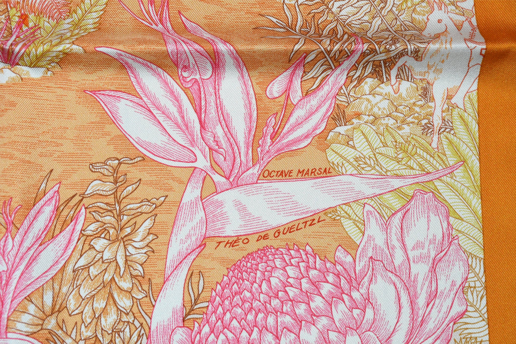 Hermes Scarf Faubourg Tropical 90 cm silk orange flower boutique
