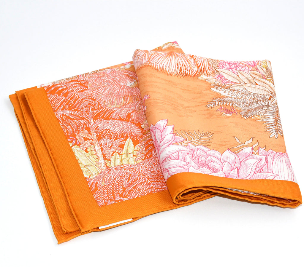Hermes Scarf Faubourg Tropical 90 cm silk orange flower boutique