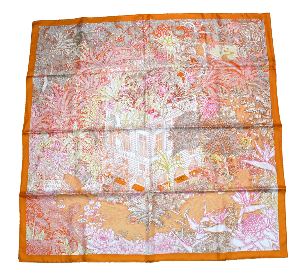Hermes Scarf Faubourg Tropical 90 cm silk orange flower boutique