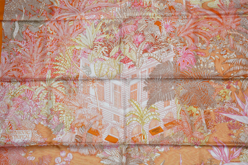 Hermes Scarf Faubourg Tropical 90 cm silk orange flower boutique