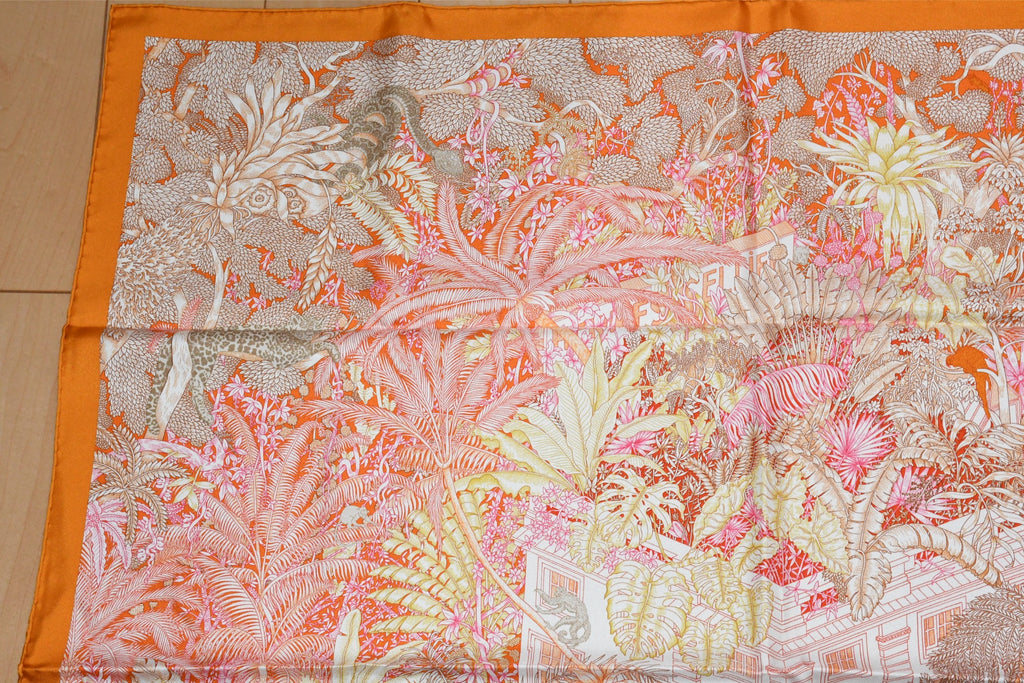 Hermes Scarf Faubourg Tropical 90 cm silk orange flower boutique