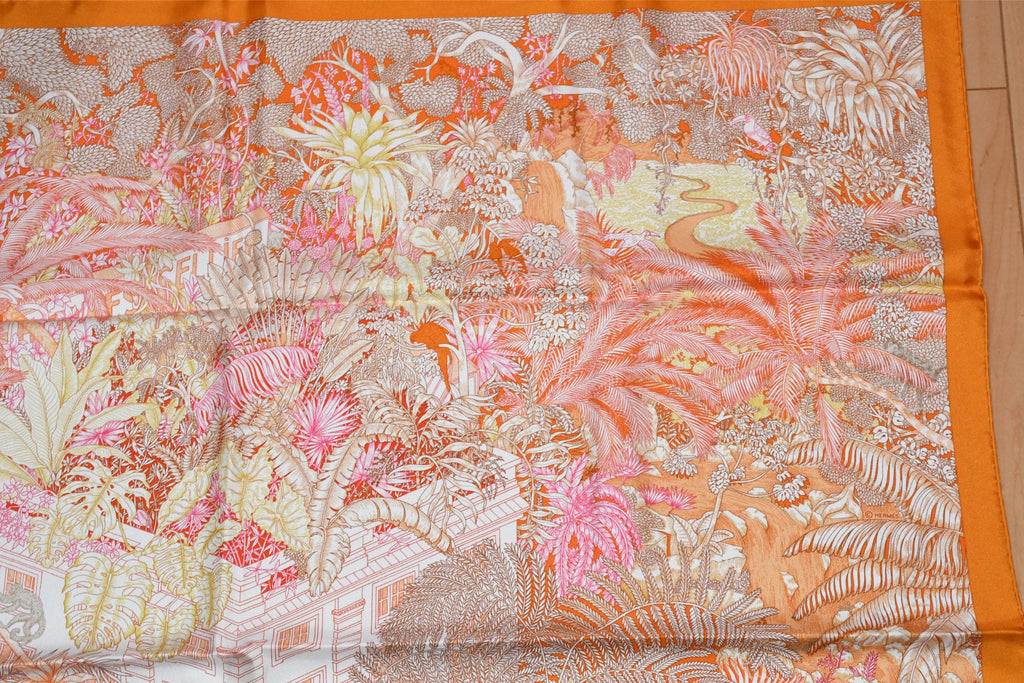 Hermes Scarf Faubourg Tropical 90 cm silk orange flower boutique