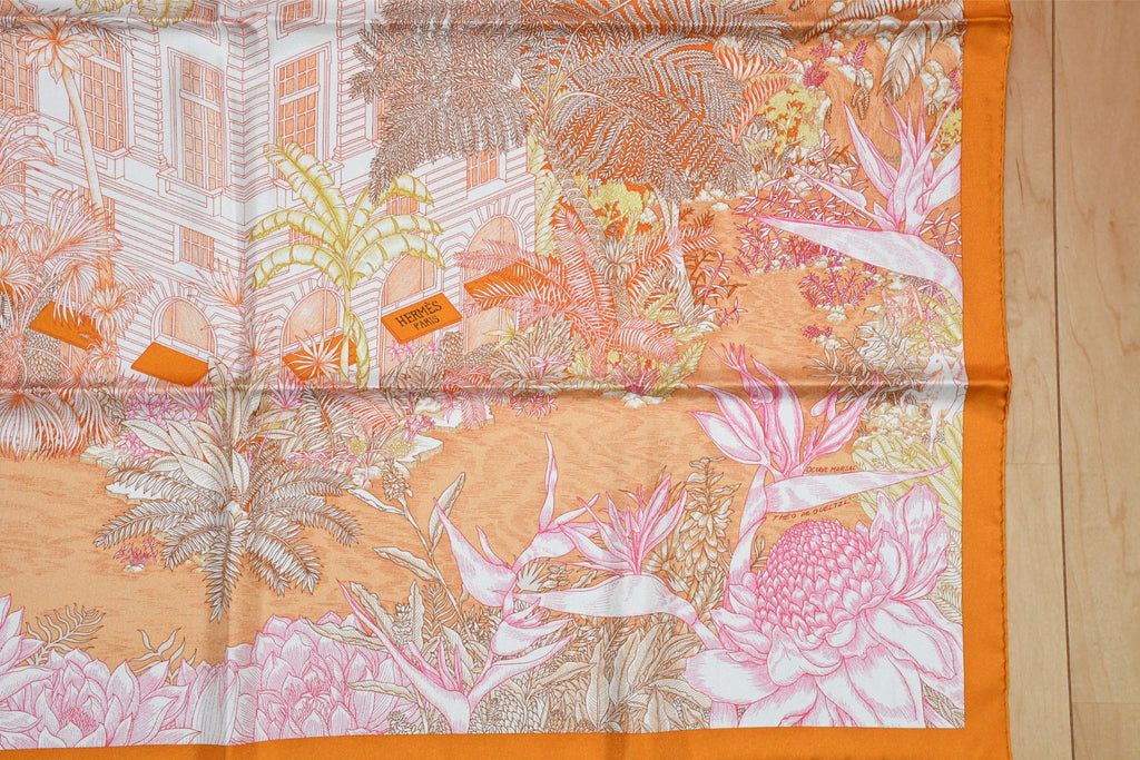Hermes Scarf Faubourg Tropical 90 cm silk orange flower boutique