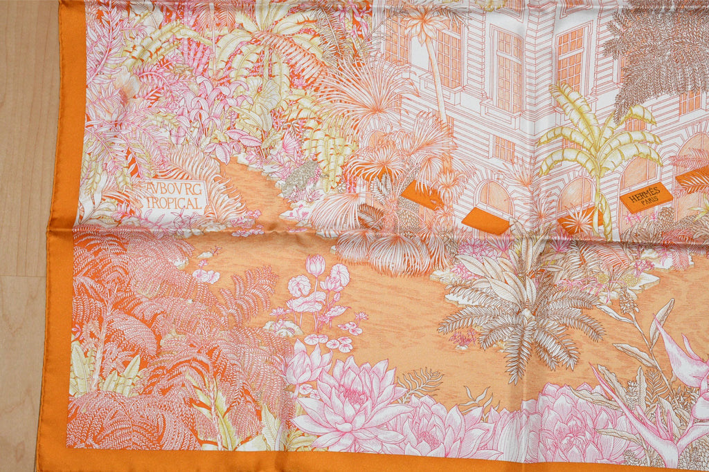 Hermes Scarf Faubourg Tropical 90 cm silk orange flower boutique