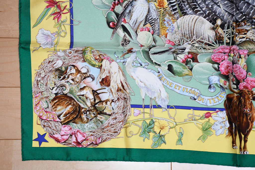 Hermes Scarf Faune Et Flore Du Texas Wildlife 90 cm Silk green by Kermit Oliver animal