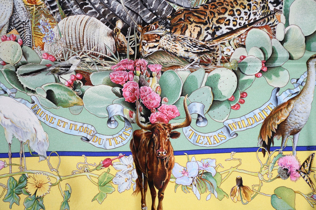 Hermes Scarf Faune Et Flore Du Texas Wildlife 90 cm Silk green by Kermit Oliver animal