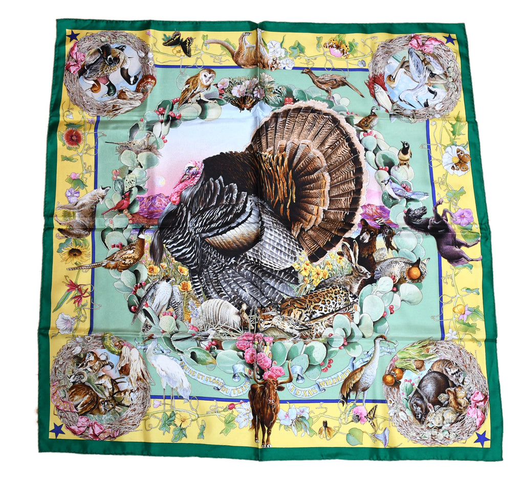Hermes Scarf Faune Et Flore Du Texas Wildlife 90 cm Silk green by Kermit Oliver animal