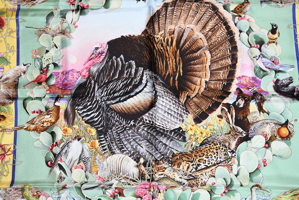 Hermes Scarf Faune Et Flore Du Texas Wildlife 90 cm Silk green by Kermit Oliver animal