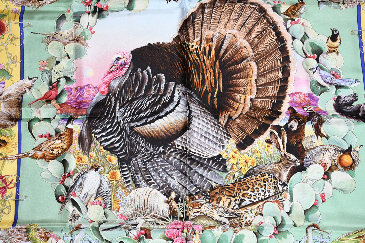 Hermes Scarf Faune Et Flore Du Texas Wildlife 90 cm Silk green by Kermit Oliver animal