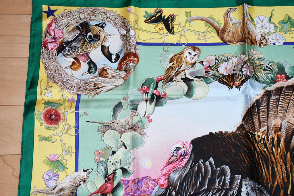 Hermes Scarf Faune Et Flore Du Texas Wildlife 90 cm Silk green by Kermit Oliver animal