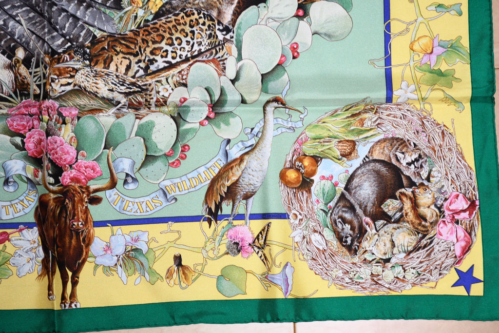 Hermes Scarf Faune Et Flore Du Texas Wildlife 90 cm Silk green by Kermit Oliver animal