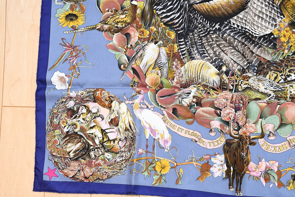 Hermes Scarf Faune Et Flore Du Texas Wildlife 90 cm by Kermit Oliver gray blue