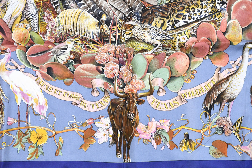 Hermes Scarf Faune Et Flore Du Texas Wildlife 90 cm by Kermit Oliver gray blue