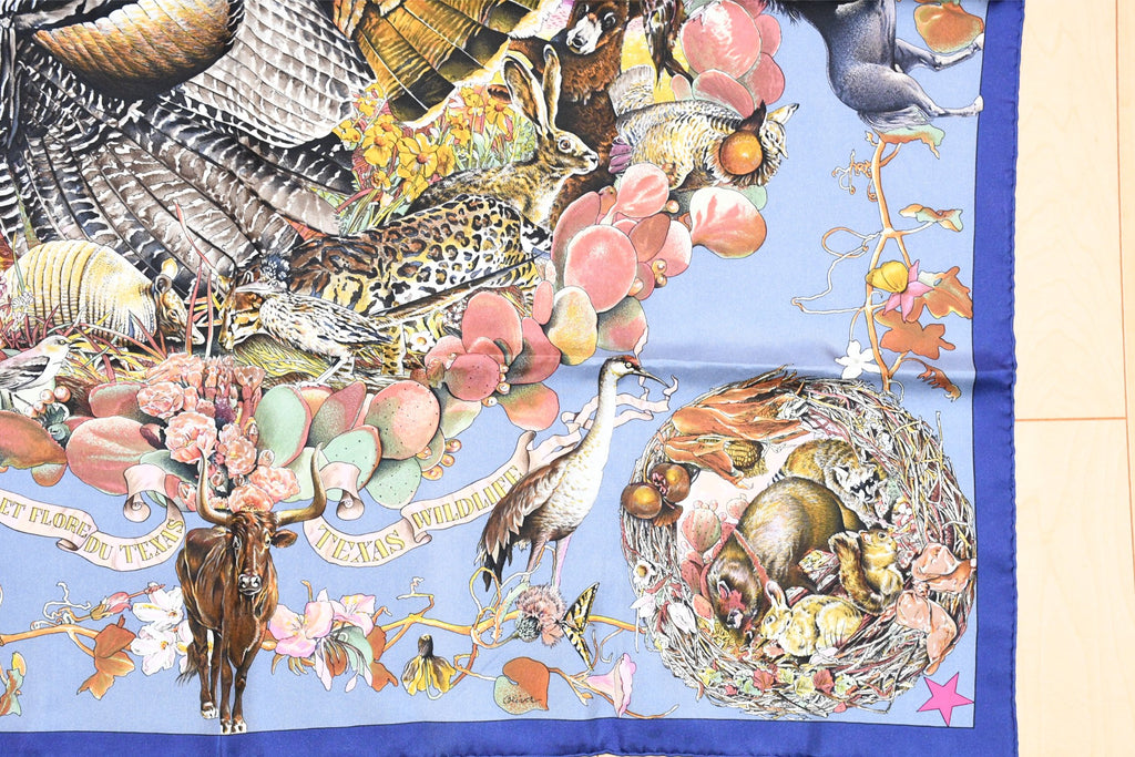 Hermes Scarf Faune Et Flore Du Texas Wildlife 90 cm by Kermit Oliver gray blue