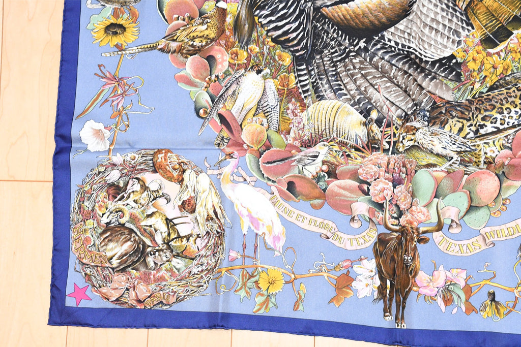 Hermes Scarf Faune Et Flore Du Texas Wildlife 90 cm by Kermit Oliver gray blue