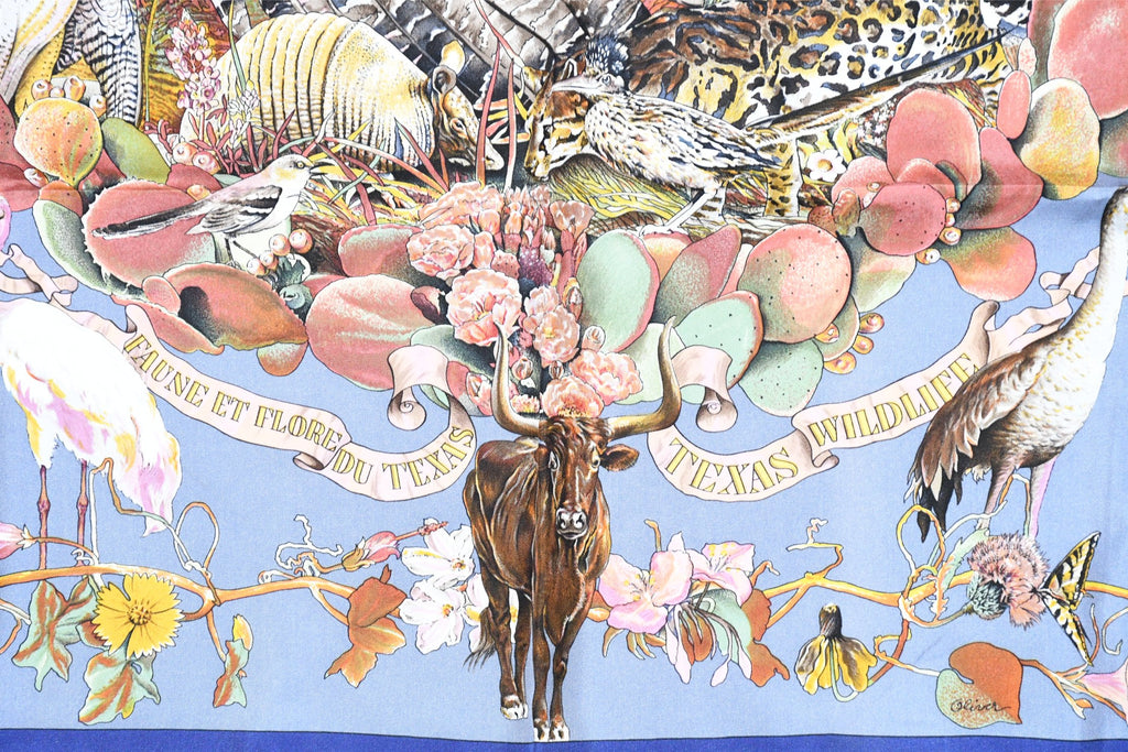 Hermes Scarf Faune Et Flore Du Texas Wildlife 90 cm by Kermit Oliver gray blue